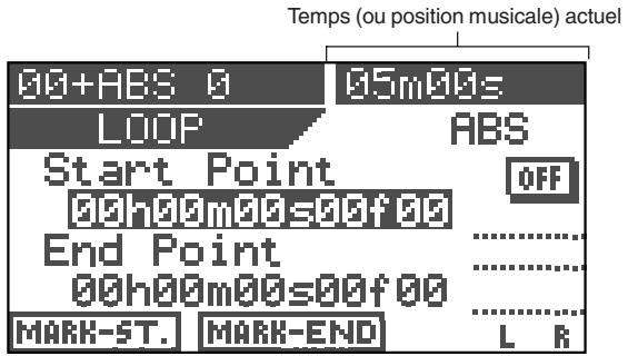 Temps (ou position musicale) actual 00+ABS 0 05m00s LOOP ABS Start Point OFF 00h00m00s00f00 End Point .......... 00h00m00s00f00 .......... MARK-ST. MARK-END L R