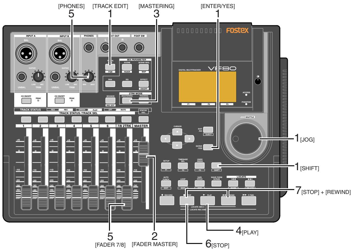 [PHONES] [TRACK EDIT] [MASTERING] [ENTER/YES] INPUT A BAL GUTAR UNBAL LINE MIC TRIM PHONES L ST OUT R FOOT SW 1 MIX PARAMETER SCENE SCENE SEQ. POM FADER MAP PAN EQ EFFECT ON/OFF 2TRK MODE MASTERING THRESHED BOUICE RECE EFF 3 FOSTEX VIF80 ACCESS PHANTOM 1[JOG] 1[SHIFT] 7[STOP] + [REWIND] 5 [FADE 7/8] [FADE MASTER] 6[STOP] 4[PLAY]