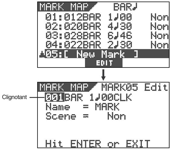 MARK MAP BAR 01:012BAR 1J00 Non 02:020BAR 4J30 Non 03:028BAR 6J46 Non 04:022BAR 2J30 Non [05:[ New Mark ] EDIT MARK MAP MARK05 Edit [01]BAR 1J00CLK Name = MARK Scene = Non Hit ENTER or EXIT