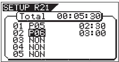 SETUP R21 {Total 00:05:30} 01 P05 02:30 02 P08 03:00 03 NON 04 NON 05 NON