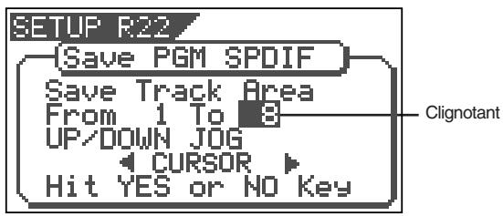SETUP R22 (Save PGM SPDIF) Save Track Area From 1 To 8 UP/DOWN JOG CURSOR Hit YES or NO Key Clignotant