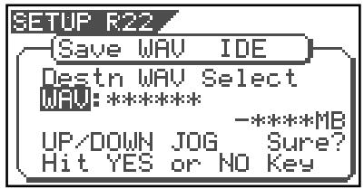 SETUP R22 {Save WAV IDE Destn WAV Select WAV:***** -****MB UP/DOWN JOG Sure? Hit YES or NO Key