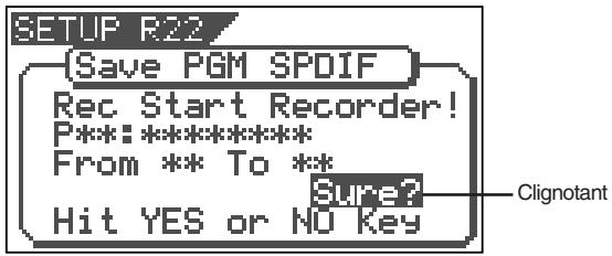 SETUP R22 [Save PGM SPDIF] Rec Start Recorder! P**:***** From ** To ** Sure? Hit YES or NO Key Clignotant
