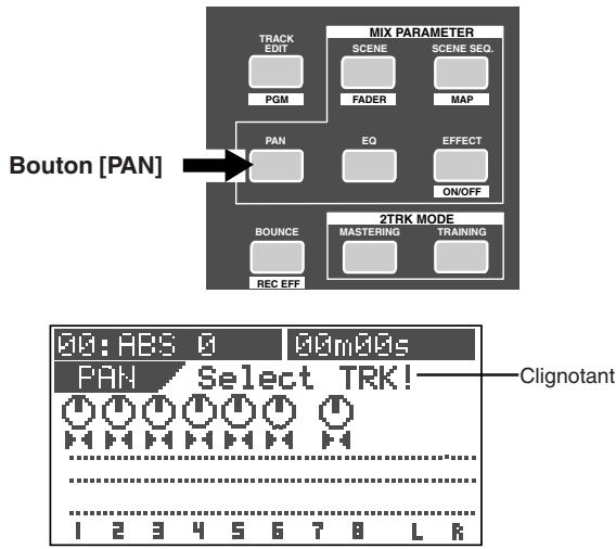Bouton [PAN] TRACK EDIT PGM MIX PARAMETER SCENE FADER SCENE SEQ. MAP PAN EQ EFFECT ON/OFF BOUNCE REC EFF 2TRK MODE MASTERING TRAINING 00:ABS 0 00m00s PAH Select TRK! Clignotant 1 2 3 4 5 6 7 8 L R
