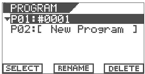 PROGRAM P01: #0001 P02: [ New Program ] SELECT RENAME DELETE