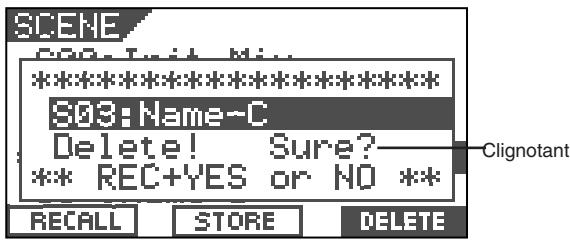 SCENE SOS: Tuit Mix ********** SOS: Name-C Delete! Sure? ** REC+YES or NO ** CLignotant RECALL STORE DELETE