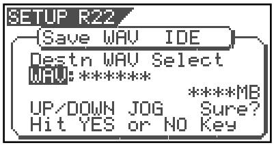 SETUP R22 (Save WAV IDE Destn WAV Select MAV:***** ****MB UP/DOWN JOG Sure? Hit YES or NO Key