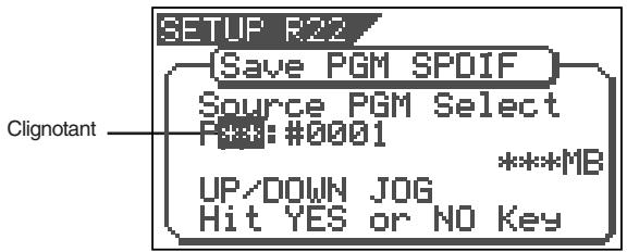 SETUP R22 Save PGM SPDIF Source PGM Select F***:#0001 ****MB UP/DOWN JOG Hit YES or NO Key