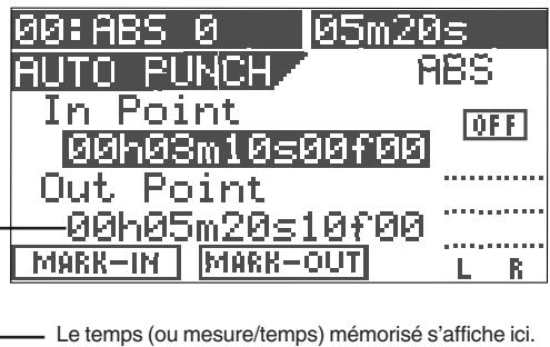 00:ABS 0 05m20s AUTO PUNCH ABS In Point OFF 00h03m10s00f00 Out Point .......... 00h05m20s10f00 .......... MARK-IN MARK-OUT L R Le temps (ou mesure/temps) mémorisé s'affiche ici.