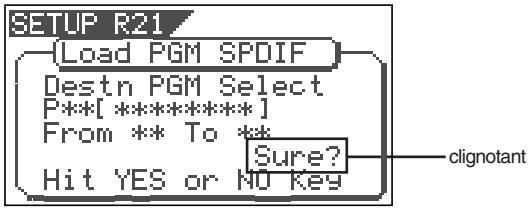 SETUP R21 {Load PGM SPDIF Destn PGM Select P**[*********] From ** To ** Sure? Hit YES or NO key clignotant