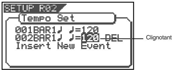 SETUP R02 Tempo Set 001BAR1, J=120 002BAR1, J=120 DEL Insert New Event Clignotant