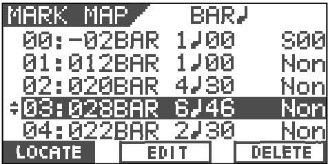 MARK MAP BAR 00: -02BAR 1J00 S00 01: 012BAR 1J00 Non 02: 020BAR 4J30 Non ÷ 03: 028BAR 6J46 Non 04: 022BAR 2J30 Non LOCATE EDIT DELETE