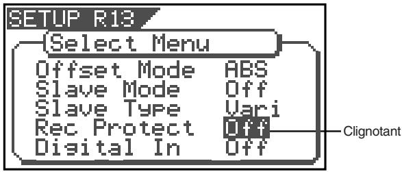 SETUP R13 Select Menu Offset Mode ABS Slave Mode Off Slave Type Vari Rec Protect Off Digital In Off Clignotant
