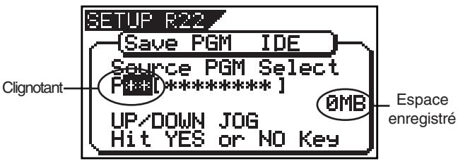 SETUP R22 [Save PGM IDE] Source PGM Select F: 000[*********] CLIGNOTANT 0MB UP/DOWN JOG Hit YES or NO Key Espace enregistré