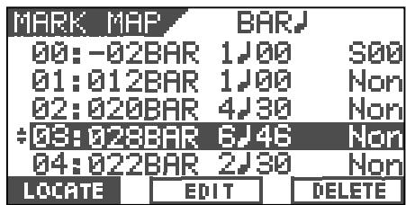 MARK MAP BAR 00: -02BAR 1,00 S00 01: 012BAR 1,00 Non 02: 020BAR 4,30 Non ÷03: 028BAR 6,46 Non 04: 022BAR 2,30 Non LOCATE EDIT DELETE