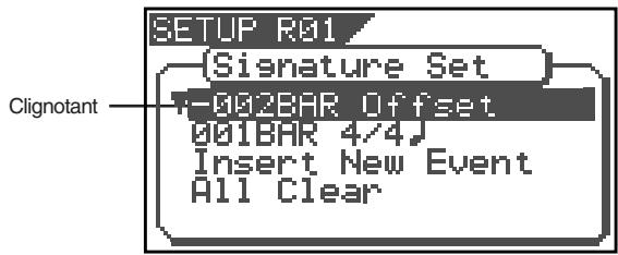 SETUP R01 (Signature Set) -002BAR Offset 001BAR 4/4 Insert New Event All Clear Clignotant