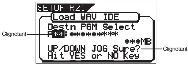 SETUP R21 Load WAV IDE Destn PGM Select P***:***** UP/DOWN JOG Sure? Hit YES or NO Key Clignotant ***MB Clignotant