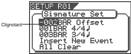SETUP R01 {Signature Set} -002BAR Offset 001BAR 4/4J 003BAR 3/4J Insert New Event All Clear Clignotant