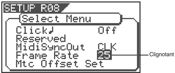SETUP R08 Select Menu Click Off Reserved MidiSyncOut CLK Frame Rate 25 Mtc Offset Set Clignotant