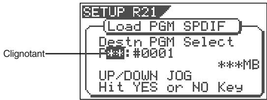 SETUP R21 Load PGM SPDIF Destn PGM Select P:#: #0001 ***MB UP/DOWN JOG Hit YES or NO Key