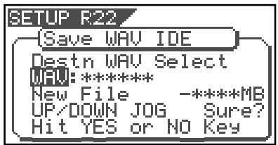SETUP R22 Save WAV IDE Destn WAV Select WAF:***** New File -*****MB UP/DOWN JOG Sure? Hit YES or NO Key
