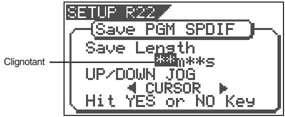 SETUP R22 (Save PGM SPDIF) Save Length UP/DOWN JOG CURSOR Hit YES or NO Key Clignotant