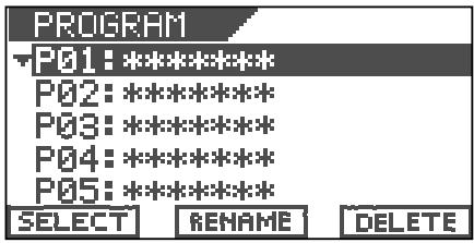 PROGRAM P01:***** P02:***** P03:***** P04:***** P05:***** SELECT RENAME DELETE