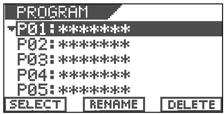 PROGRAM P01:***** P02:***** P03:***** P04:***** P05:***** SELECT RENAME DELETE