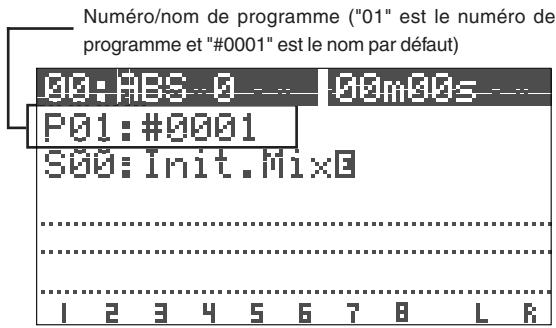 Numéro/nom de programme ("01" est le numéro de programme et "#0001" est le nom par défaut) 00:ABS 0 00m00s P01:#0001 S00:Init.Mix0 1 2 3 4 5 6 7 8 L R