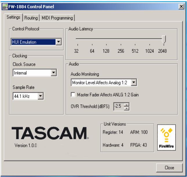 TASCAM FW-1884 - Dans le menu local control protocol sélectionné HUI emulation. - 1