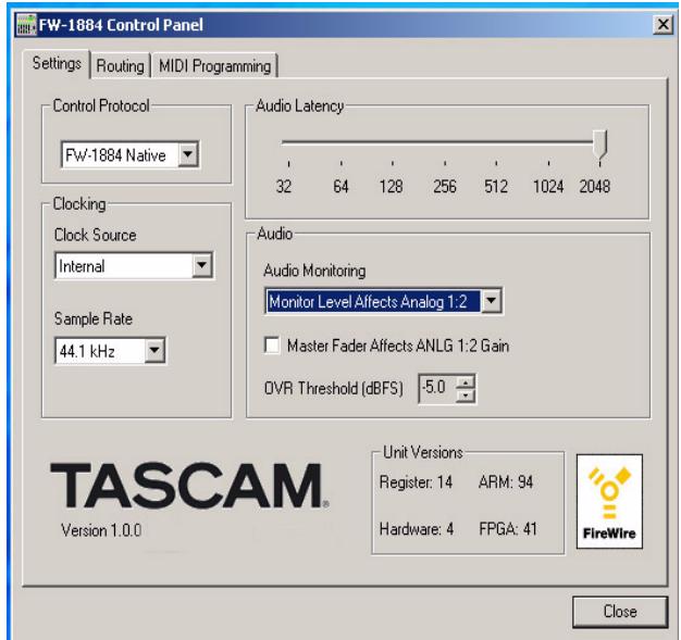 TASCAM FW-1884 - Onglet SETTINGS (paramétrages) - 1