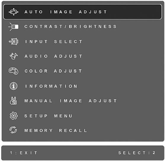 AUTO IMAGE ADJUST CONTRAST/BRIGHTNESS INPUT SELECT AUDIO ADJUST COLOR ADJUST INFORMATION MANUAL IMAGE ADJUST SETUP MENU MEMORY RECALL 1 : EXIT SELECT: 2