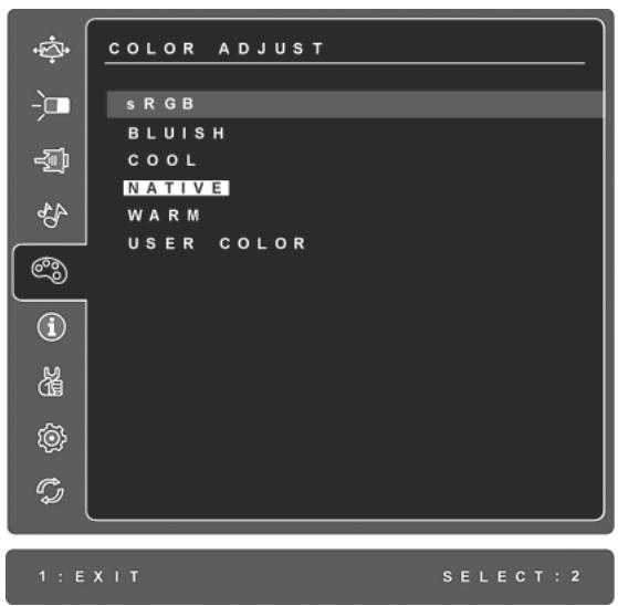 COLOR ADJUST s RGB BLUISH COOL NATIVE WARM USER COLOR 1 : EXIT SELECT : 2