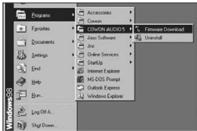 Programs Favorites Documents Settings End Help Run... Log Off A... Shot Down... Accessories Cowon COWON AUDIO 5 Jazz Software Jnc Online Services StartUp Internet Explorer MS-DOS Prompt Outlook Express Windows Explorer Firmware Download Uninstall