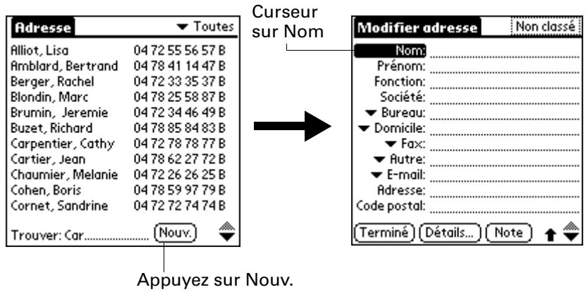 PALM M130 - Pour créer une nouvelle entrée dans l'application adresses : - 1