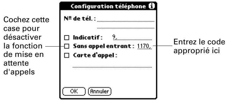 PALM M130 - Pour désactiver la fonction de mise en attente des appeals : - 1