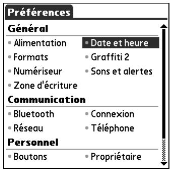 PALM TUNGSTEN T2 - Pour afficher la catégorie paramètres de l'écran des préférences : - 2