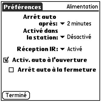 PALM TUNGSTEN T2 - Option alimentation de l'écran préférences - 1