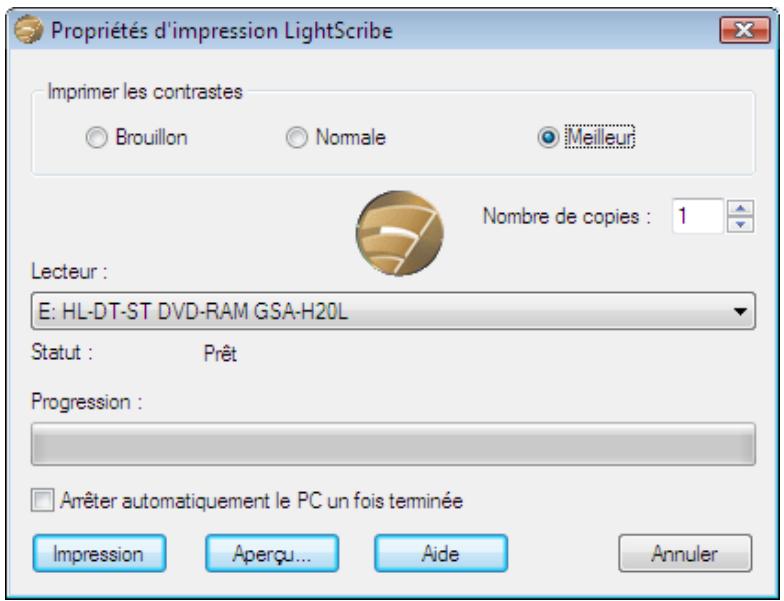 NERO COVERDESIGNER 9 - Fenêtre Propriétés d'impression LightScribe - 1