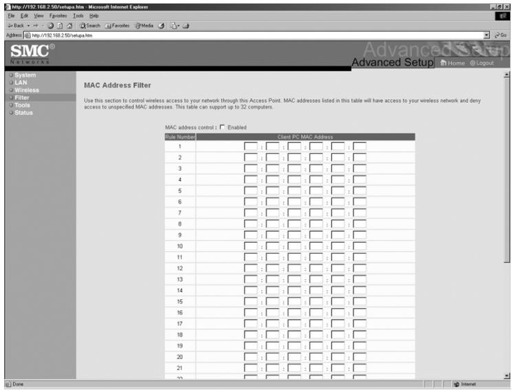 SMC 2455W - | Configuration du filtrage d'adresses MAC avec l'utilitaire web - 1