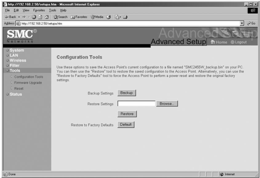 SMC 2455W - Utilisation de l'utilitaire web pour restaurer les valeurs par défaut du SMC2455W - 1