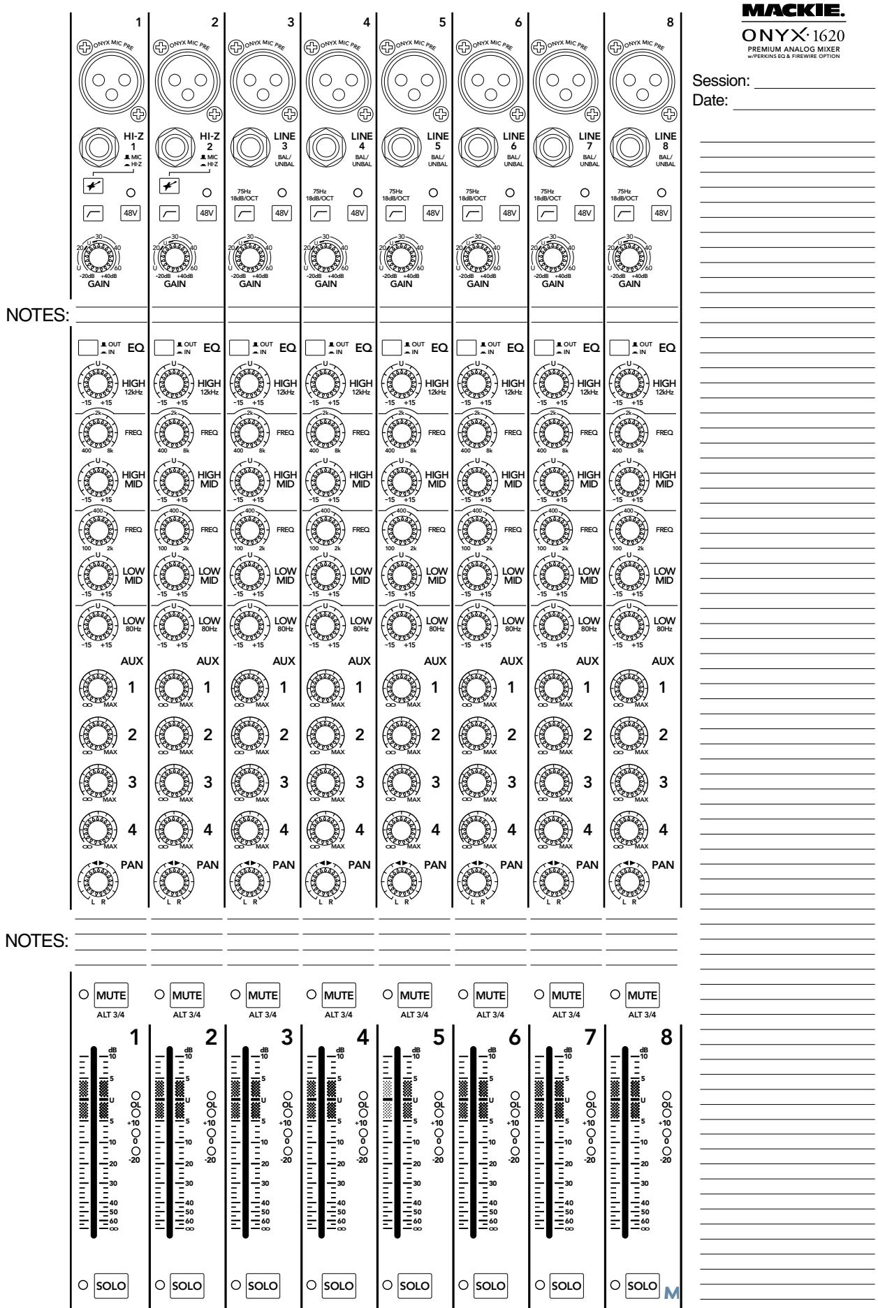 MACKIE ONYX 1620 - Onyx 1620 Track Sheet (Voies 1-8) - 1