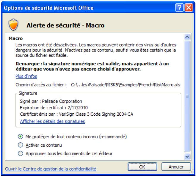 PALISADE PRECISIONTREE 5.5 - Messages d'advertissement de sécurité des macros au démarrage - 1