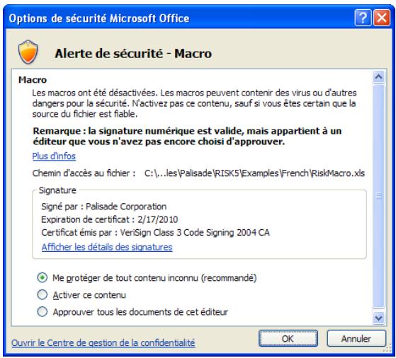 PALISADE RISK 5.5 - Messages d'advertissement de sécurité des macros au démarrage - 1