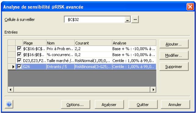 PALISADE RISK 5.5 - Boîte de dialogue Analyse de sensibilité avancée — Commande Analyse de sensibilité avancée - 1