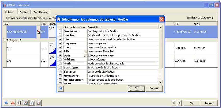 PALISADE RISK 5.5 - Colonnes affichées dans la fenêtre Modèle - 2