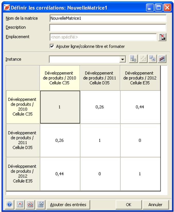PALISADE RISK 5.5 - Entrée des coefficients de corrélation - 1