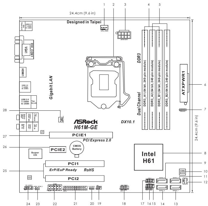 ASROCK H61M-GE - Motherboard Layout - 1