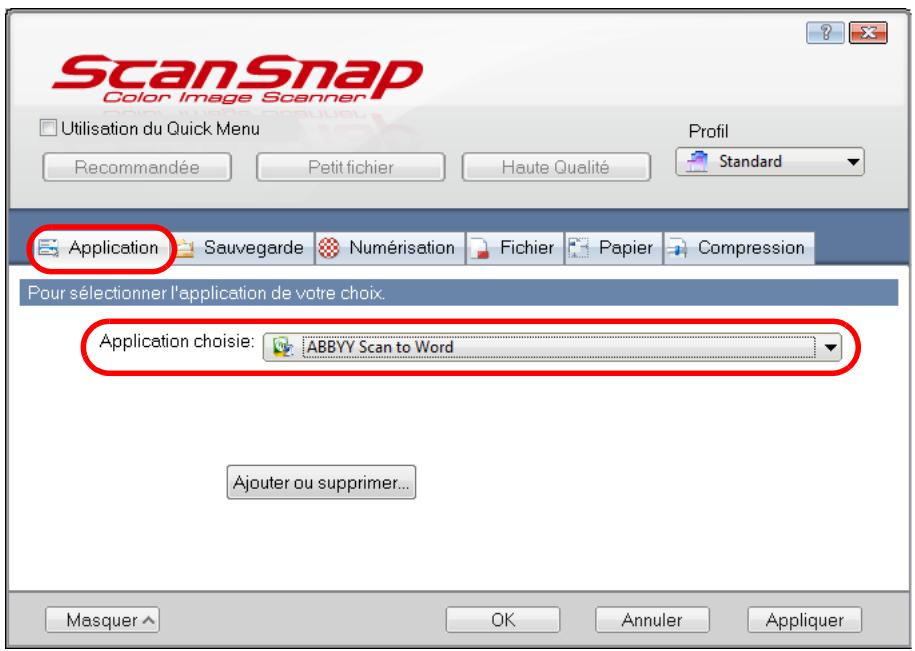 FUJITSU SCANSNAP S1100I - Dans la liste déroulante Application chosesie de l'onglet Application, selectionnez ABBYY Scan to Word, ABBYY Scan to Excel ou ABBYY Scan to PowerPoint(R). - 1