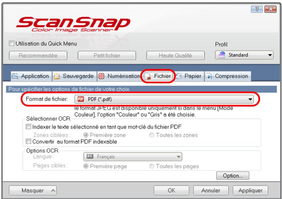 FUJITSU SCANSNAP S1100I - Dans la liste déroulante Format de fichier de l'onglet Fichier, Sélectionnez PDF (.pdf). - 1